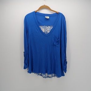 Pouidge Blue Ruched Sleeve Pocket Long Sleeve Top
